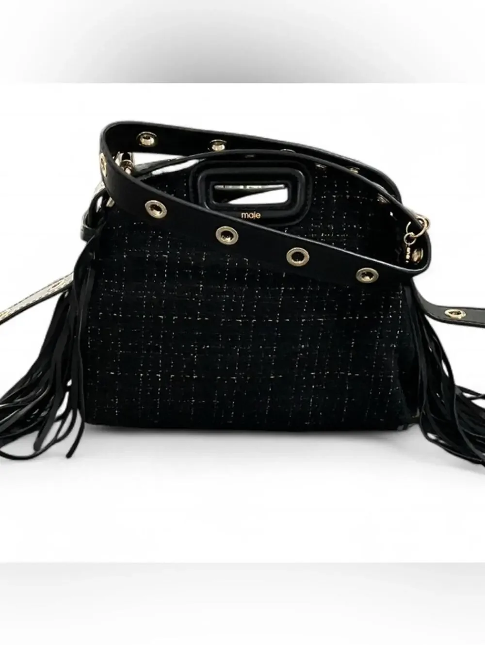 NWT MAJE Black Gold Metallic Tweed Crossbody Shoulder Bag Purse Leather Tassel - Picture 3 of 10